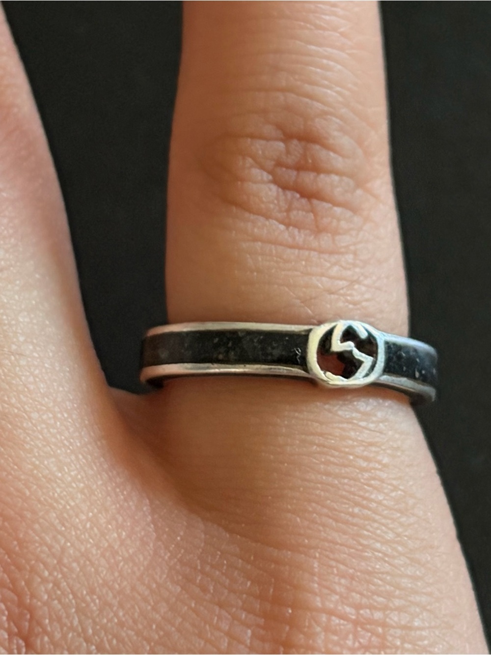 Gucci Black Band Ring with Silver Interlocking G Accent
